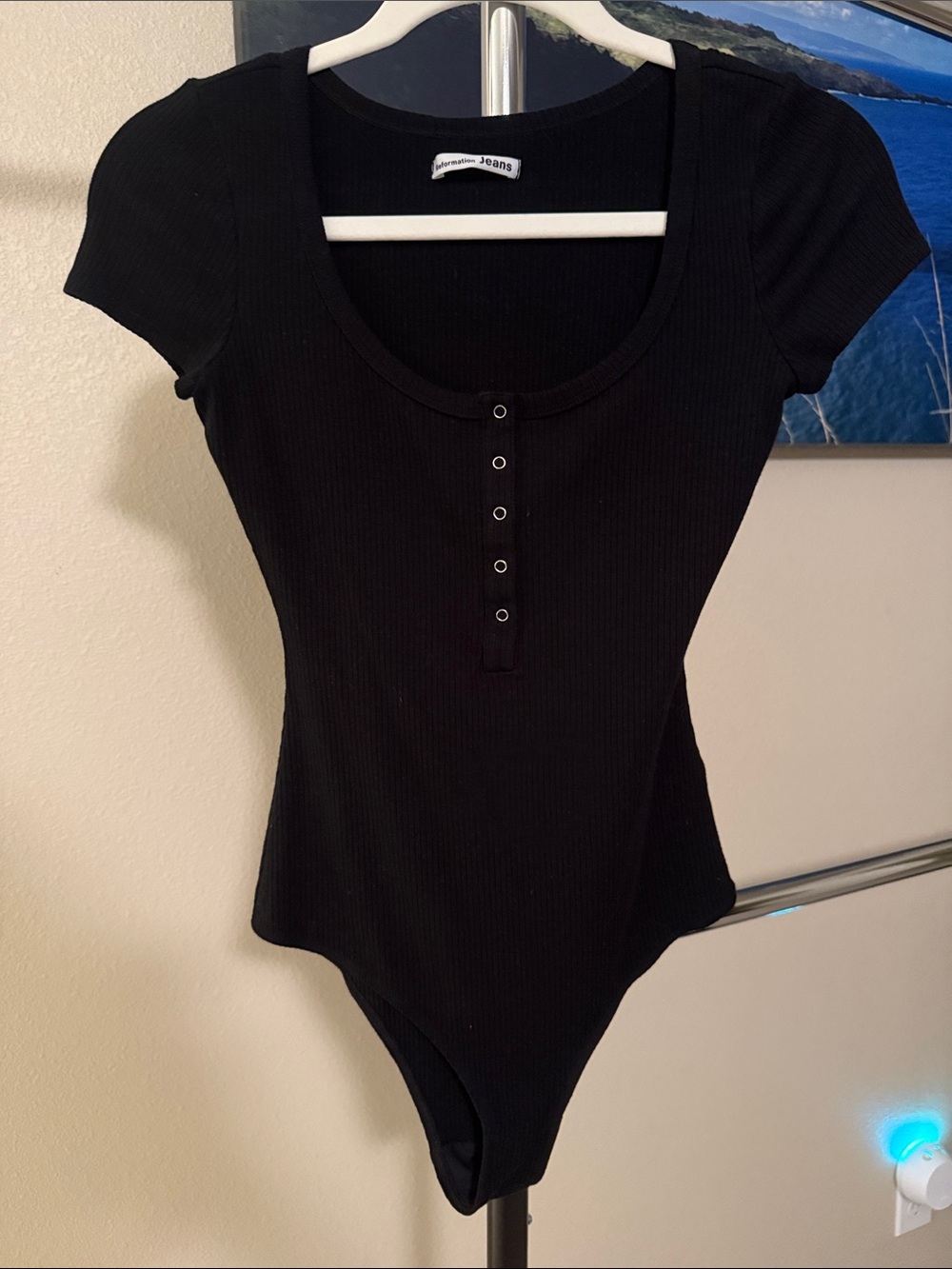 Reformation Black Ribbed Scoop Neck Short Sleeve Bodysuit